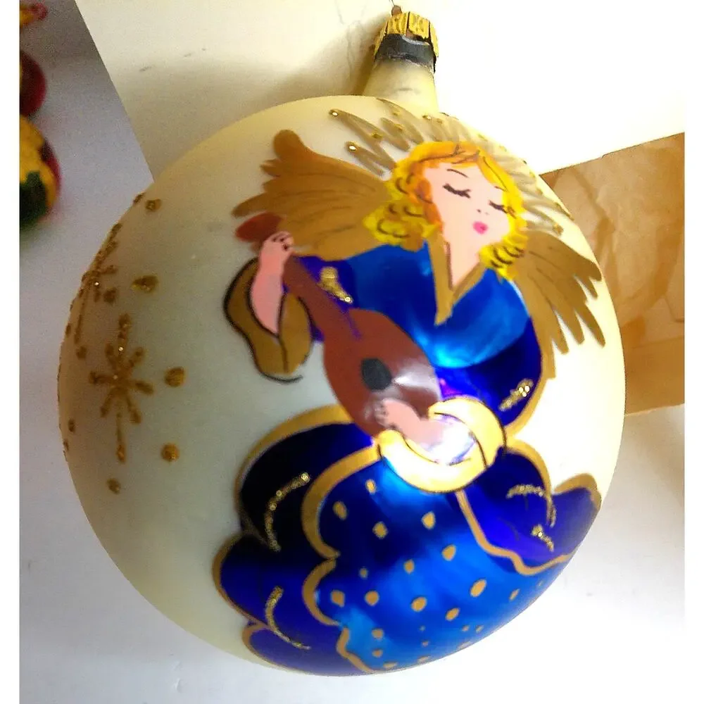 Vintage Hand-Painted Glass Christmas Ornament Musical Angel Playing Lute